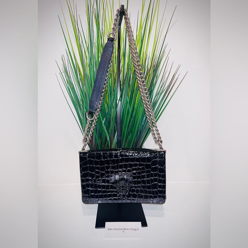 Versace Black Gator-Embossed Medusa Shoulder Bag